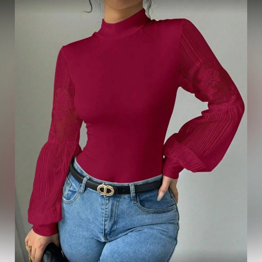 Elegant Red Floral Lace Sleeve Women's Body’s Top